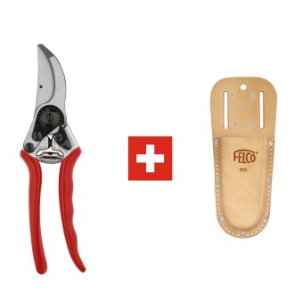 FELCO 11 metszőolló és F910 papucstok együtt, hosszabb pengéjű olló bőr övtokkal a kertészeti munkához
