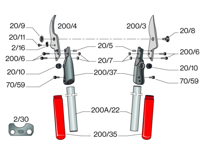 FELCO 200A-40 ágvágó olló 400 mm-es alumínium nyéllel, egyenes vágófejjel, 35 mm vágásátmérő