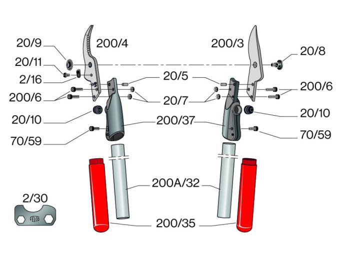 FELCO 200A-50 ágvágó olló 500 mm-es alumínium nyéllel, 725 gramm, egyenes vágófejjel