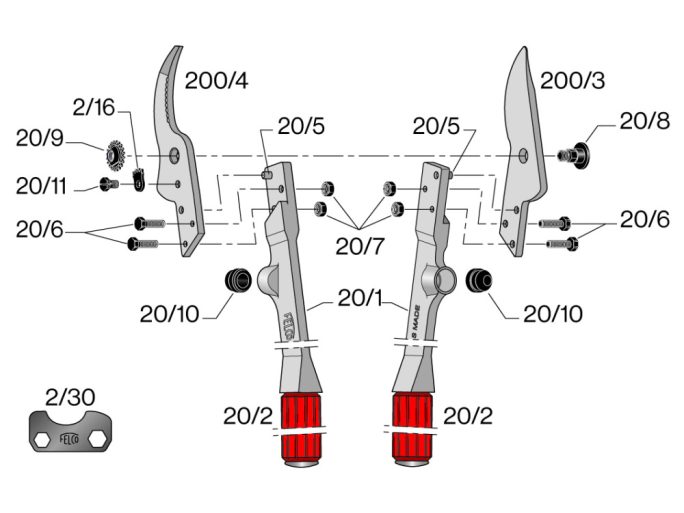 FELCO 20 ágvágó olló 35 mm vágásátmérővel, 430 mm-es nyéllel, megkerülő rendszerű vágófejjel