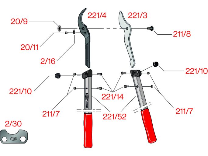 FELCO 221-70 kétkezes ágvágó olló 700 mm-es nyéllel, 45 mm vágásátmérő, 1160 gramm