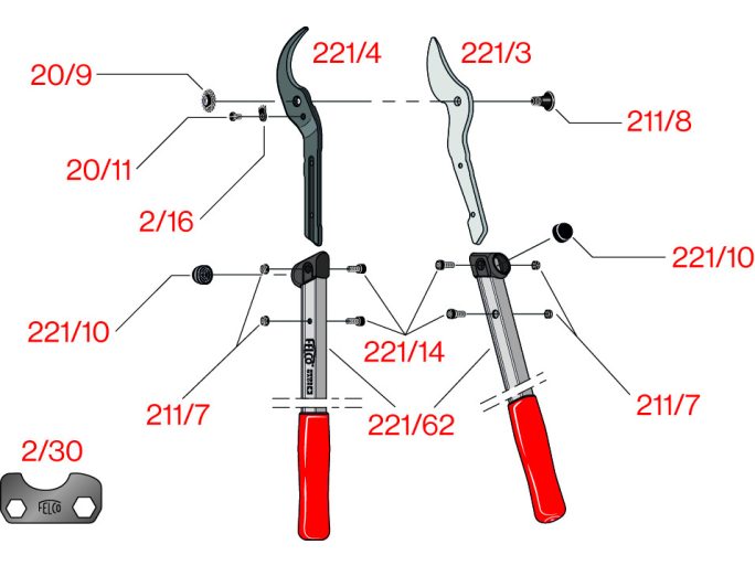 FELCO 221-80 kétkezes ágvágó olló 800 mm-es nyéllel, 45 mm vágásátmérő, magassági metszéshez