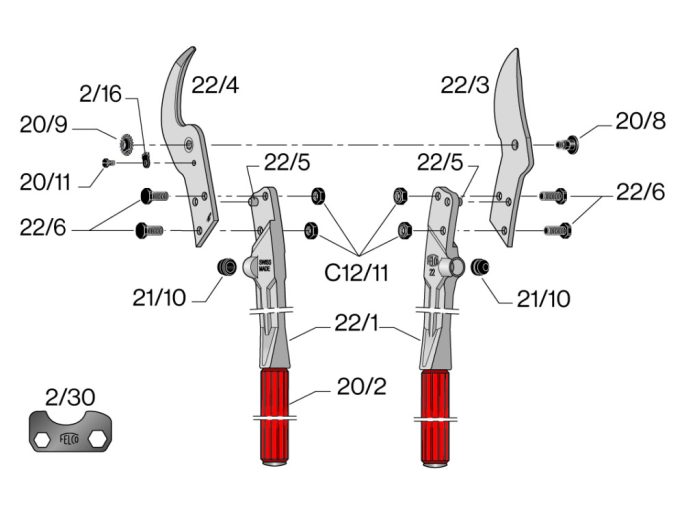 FELCO 22 ágvágó olló 45 mm vágásátmérővel, 840 mm-es nyéllel, 95 mm-es pengével