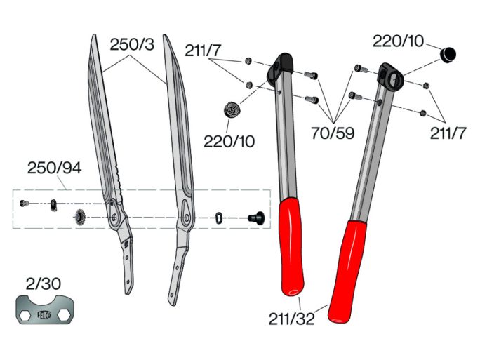 FELCO 250-63 sövényvágó olló 250 mm-es pengével, 665 mm hosszú, 1100 gramm, hosszabb szakaszokhoz