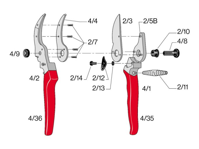 FELCO 4 metszőolló piros kovácsolt alumínium nyéllel, könnyű kivitel, 25 mm vágásátmérő