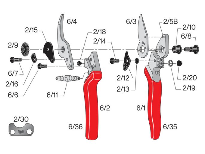 FELCO 6 metszőolló karcsú piros nyéllel, kisebb kézhez tervezve, 20 mm vágásátmérő
