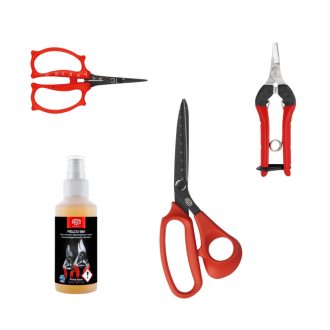 Felco precíziós ollókészlet precíziós ollóval, ívelt ollóval, kerti ollóval és tisztító spray-vel