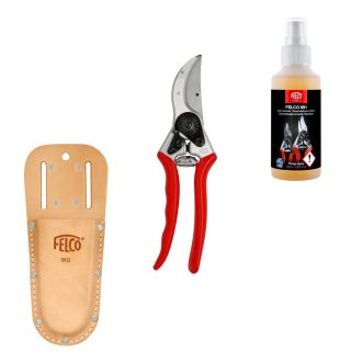 Felco metszőolló szett bőrtokkal metszőollóval, barna bőrtokkal és tisztító spray-vel