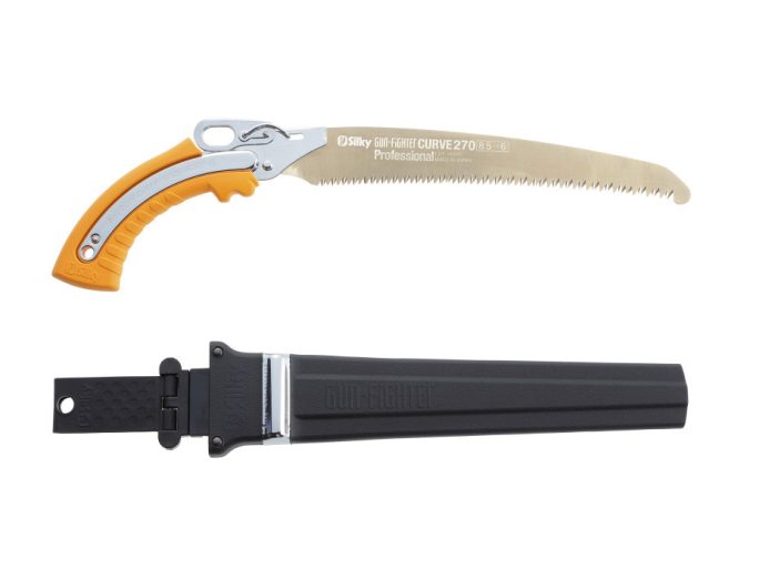 Silky Gunfighter Curve 270 ívelt fűrész nikkel bevonatú pengével és gumi GOM markolattal, nyitott állapotban