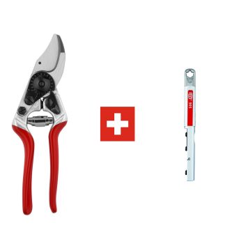 FELCO 14 metszőolló és FELCO 905 multifunkciós élező együtt, könnyű olló élezővel a finom munkához