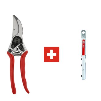 FELCO 11 metszőolló és FELCO 905 többfunkciós élező együtt, hosszabb pengéjű olló élezővel